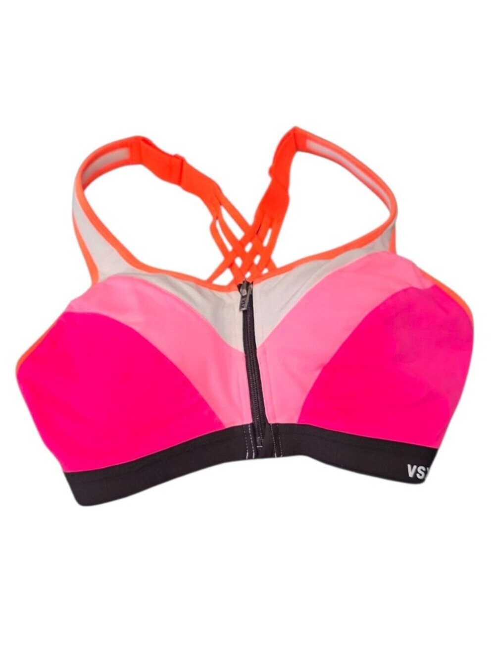VSX Neon Pink & Orange Front-Zip Colorblock Sports Bra Size 34C NWT
